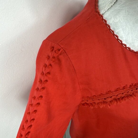 J.Crew Women's 6 Popover Blouse Orange Red 100% Linen Crochet & Fringe Detail - Picture 7 of 14